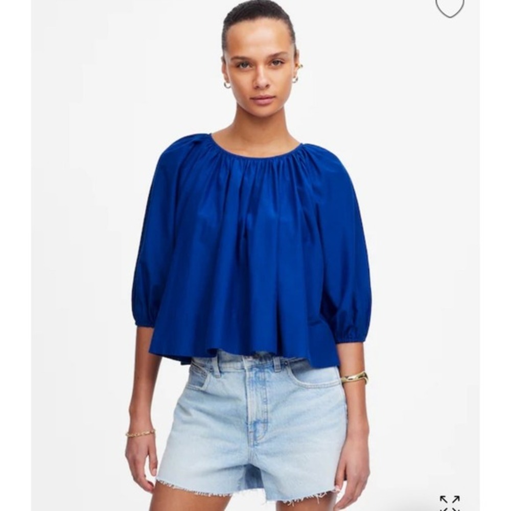 Madewell Top Womens XS Shirred Puff Sleeve Top Cotton Silk Bright Sapphire NV194
